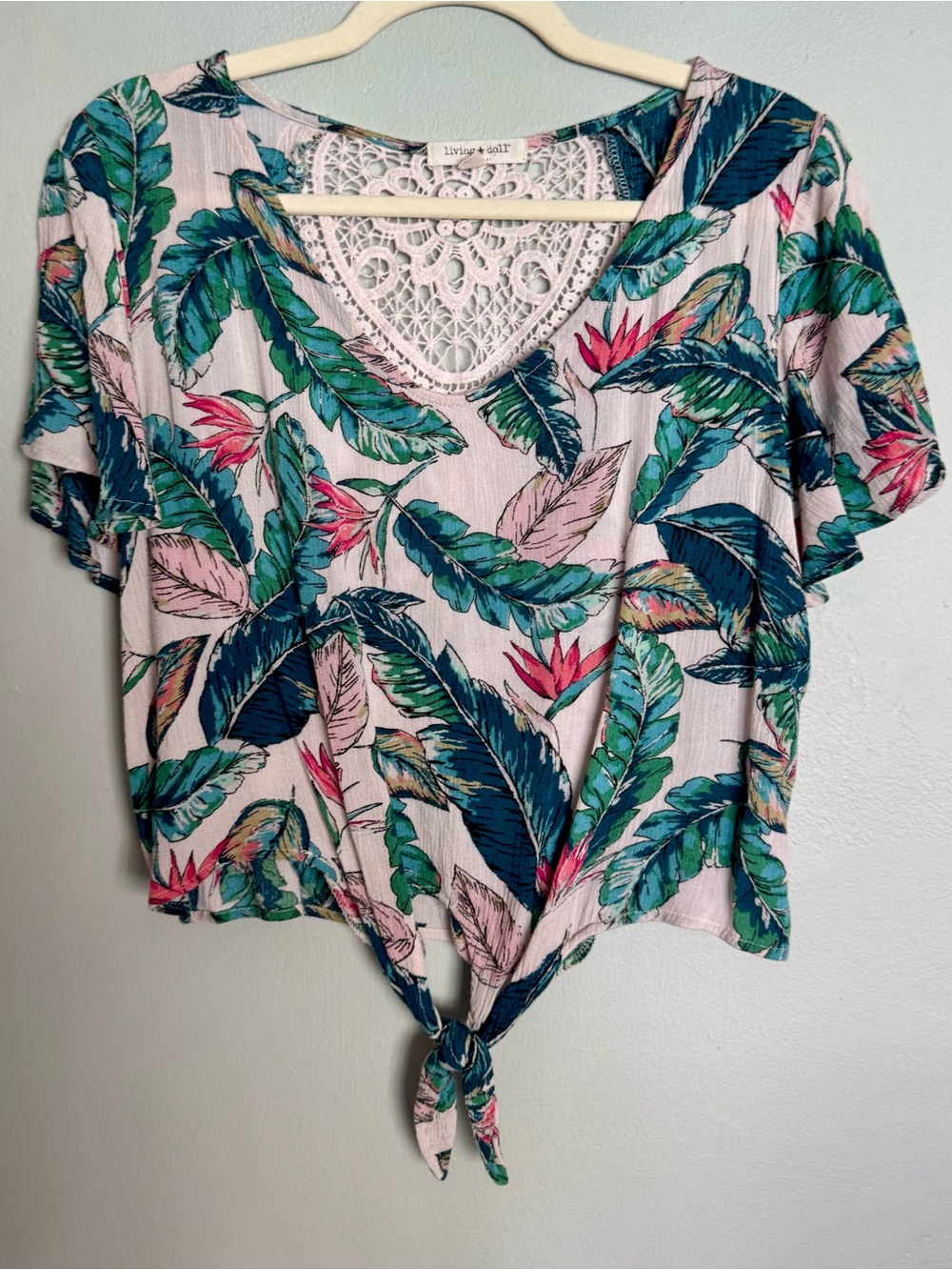 living doll teal, pink & green tropical lace V-neck tie-front crop top